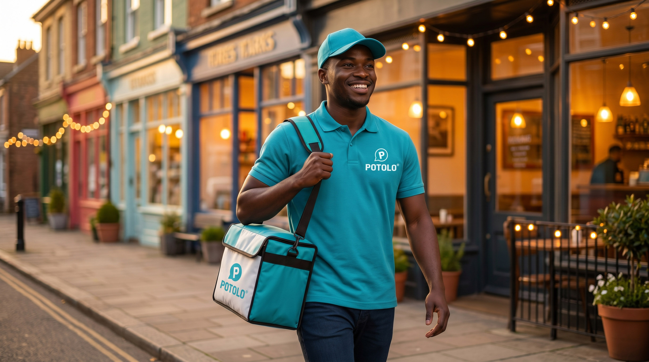 Potolo courier walking a local high street with a delivery bag