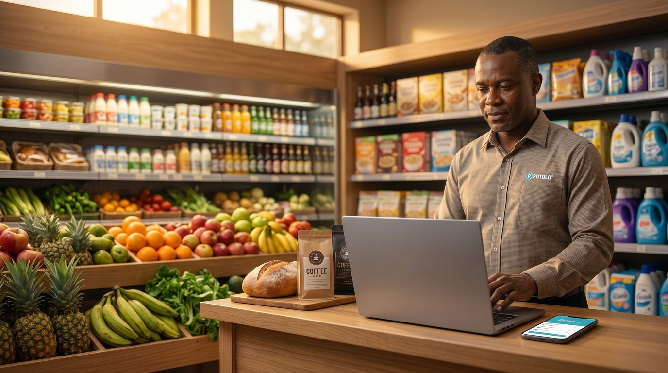 Corner store owner managing Potolo orders at the counter
