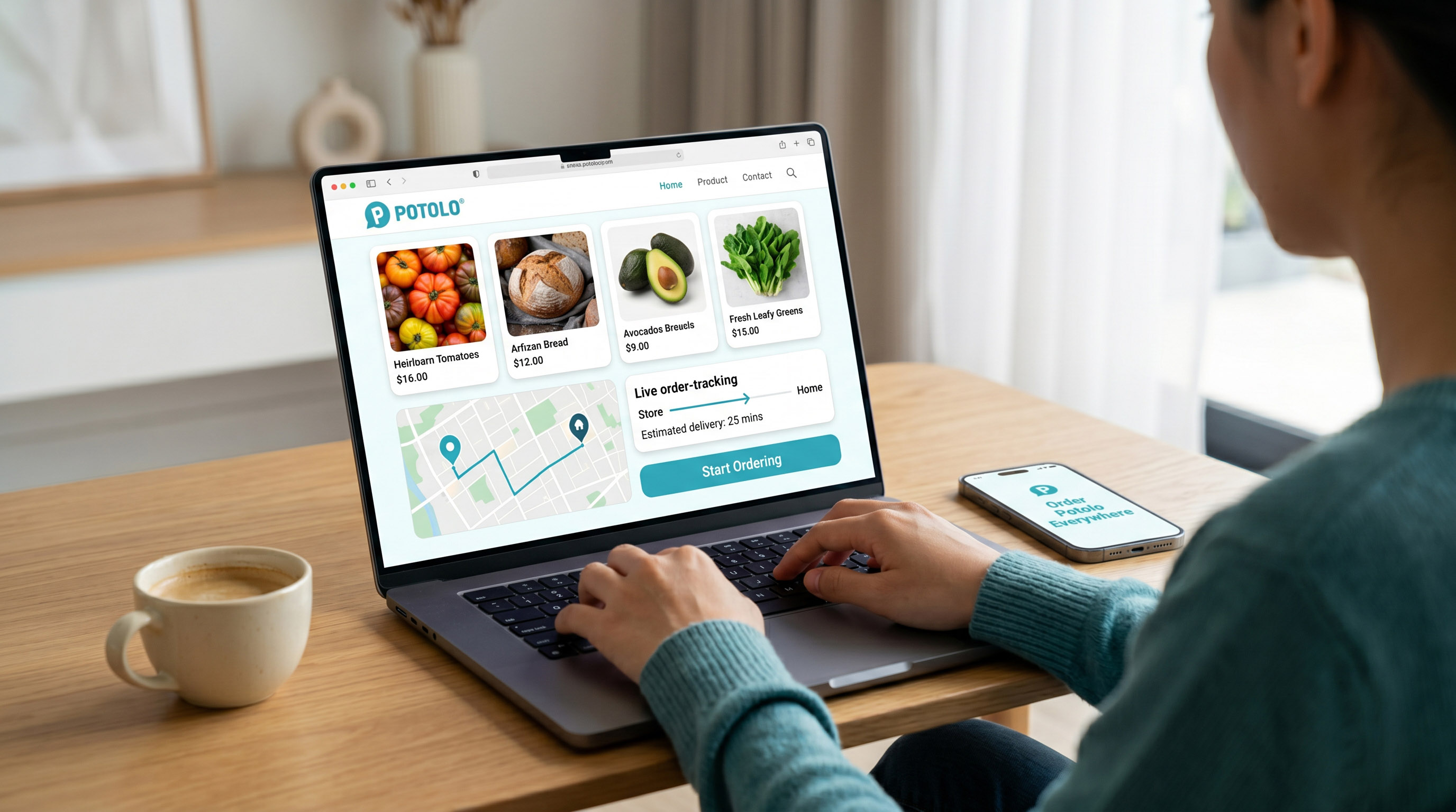Customer placing a Potolo order from the web store on a laptop