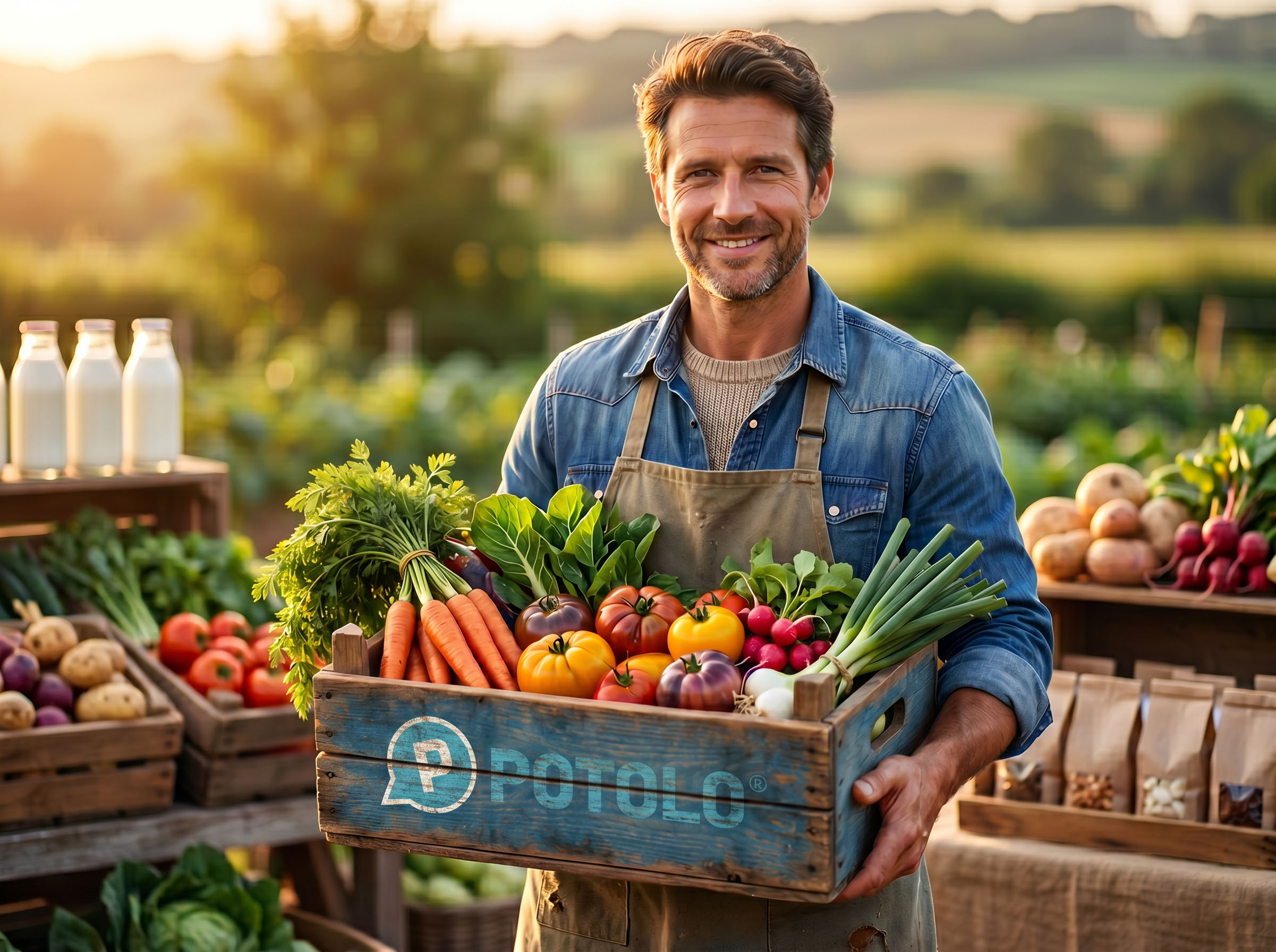 Local farmer with a Potolo crate of fresh seasonal produce