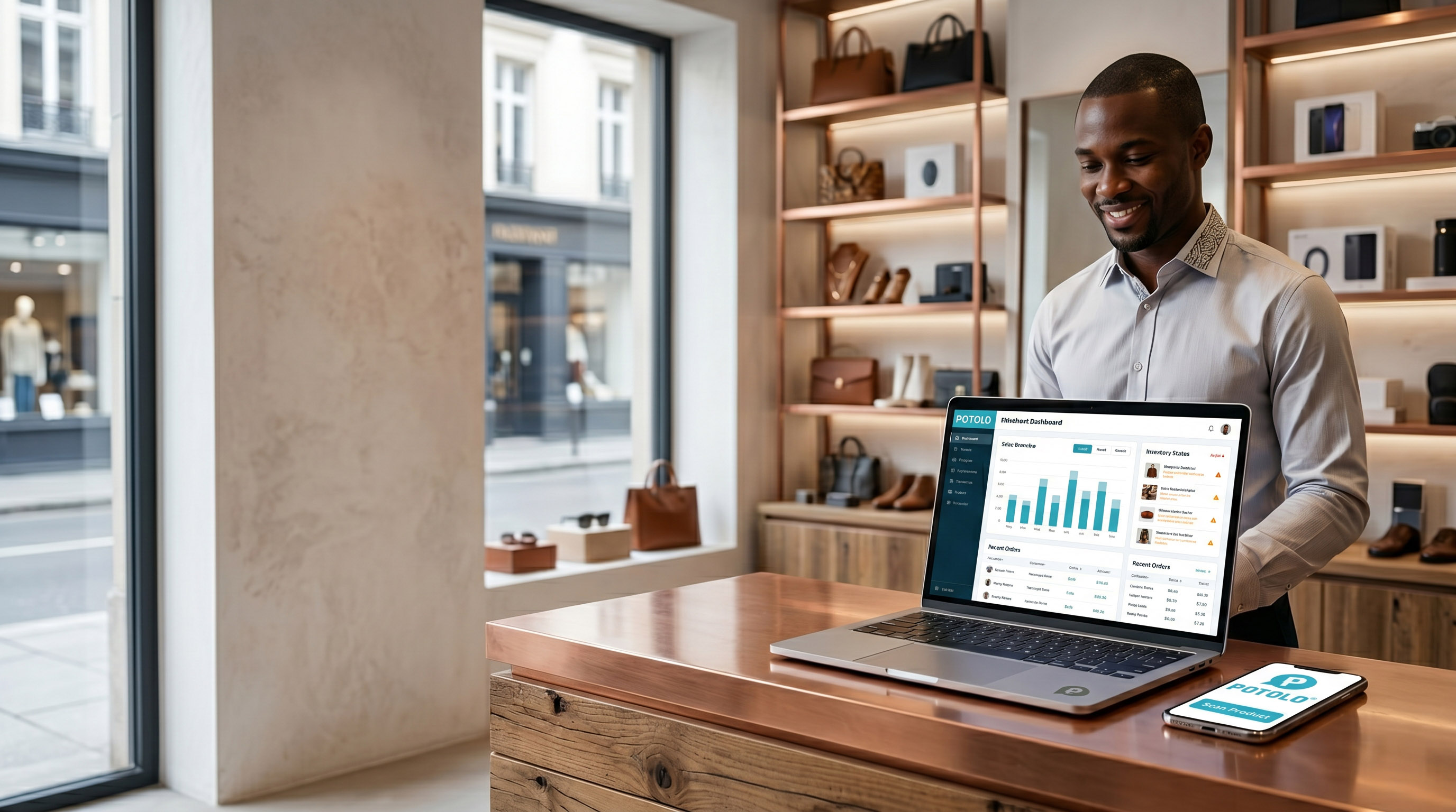 Boutique owner checking the Potolo retail dashboard at the counter